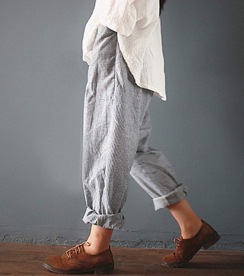 woobles Womens Striped Linen Pants Elastic Waist Cropped Trousers Capri - Image 2